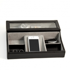Black leather Valet Box for 3 Watches, Slots for Cufflink, Change and Phone Tray.
